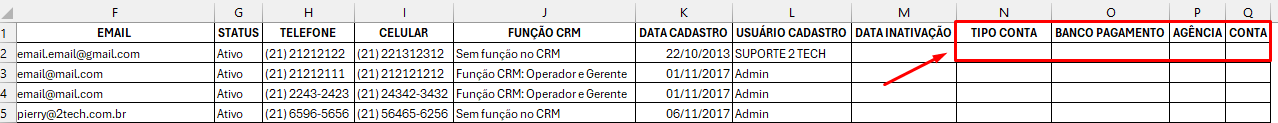 Adicionamos os dados bancários de usuários internos na exportação via Excel