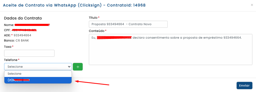 Adicionamos um recurso avançado no cadastro e seleção de telefone para envio do termo de aceite