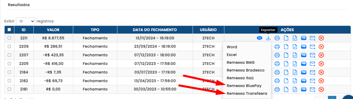 Novidades e Melhorias do 2tech - Dezembro 2024: Novas opções para Remessa Bancária no 2tech: BluePay e Trasnfeera